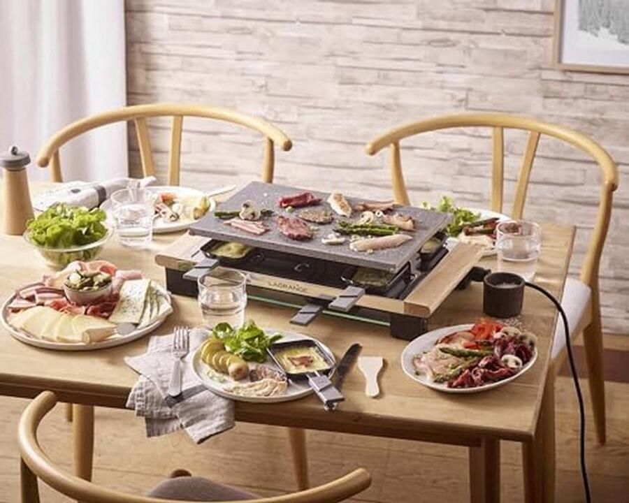 Raclette met accessoires in licht hout 8 pannetjes en kaassnijder