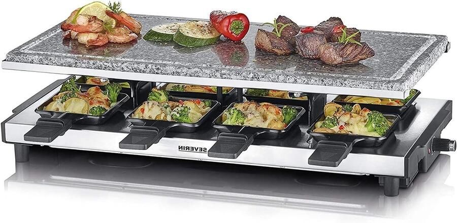 Raclette met steen Tafelgrill voor 8 Gezellig tafelen Natuurstenen grillplaat 8 pannetjes Zwart