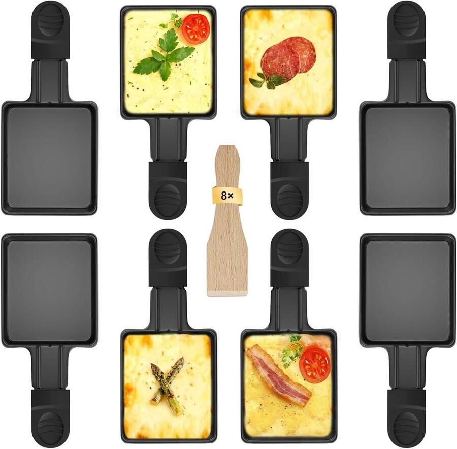 Raclette pannenset Pannen met lepels Gezellig Tafelen Antiaanbaklaag 4-delig Zwart