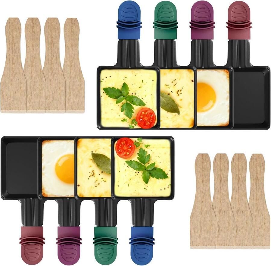 Raclette pannetjes Mini pannetjes Gezellig Tafelen Anti-aanbaklaag 8 stuks Gekleurde handgrepen