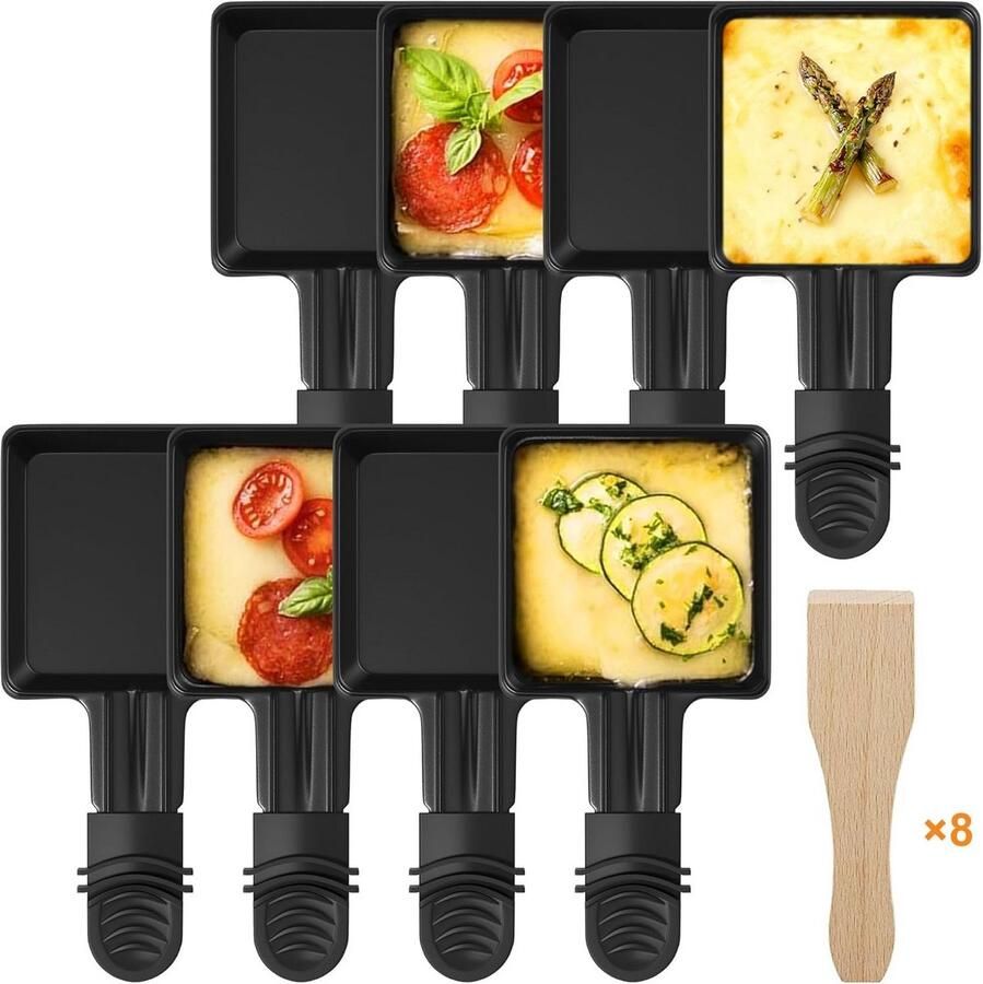 Raclette pannetjes Mini pannetjes Gourmetten aan tafel Vierkant anti-aanbak design 8 stuks Zwart