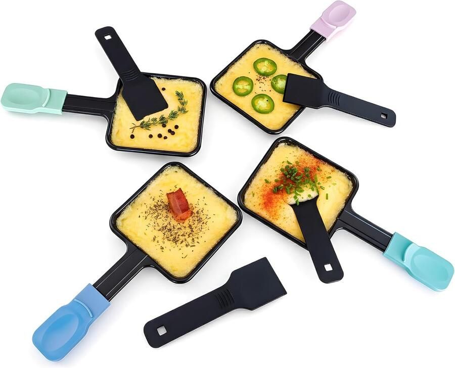 Raclette Pannetjes Set Vervangende Pannetjes Gezellig Eten Extra Lange Handgrepen 4 Stuks 21.5cm Gekleurde Handgrepen