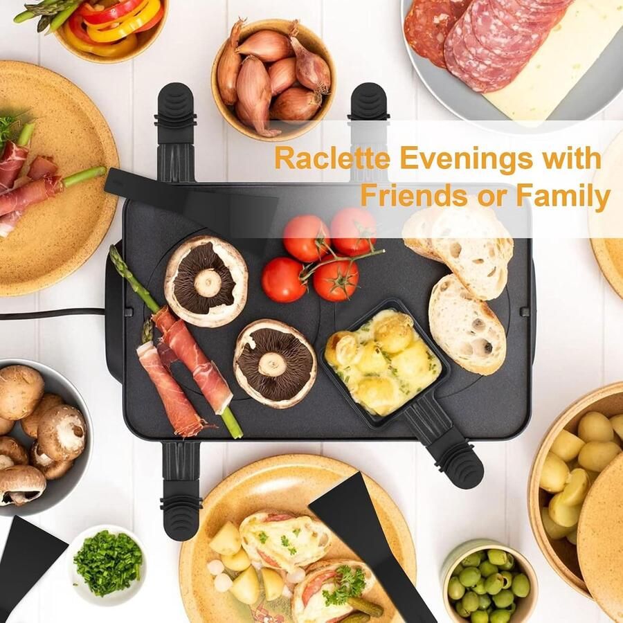 Raclette Pannetjes Set Zwart Antiaanbaklaag met Warmte-Isolerende Handgrepen Inclusief 8 Schrapers Voor Gezellige Avonden