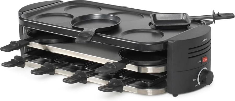 Raclette Pizza Machine Multifunctioneel Apparaat Gezellige Maaltijden PFAS Vrije Coating 8 Persoons Zwart