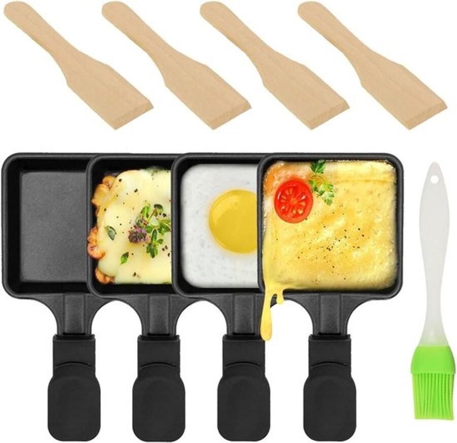 Raclette Set met 4 Antiaanbak Gietijzeren Mini Pannen en Houten Spatels