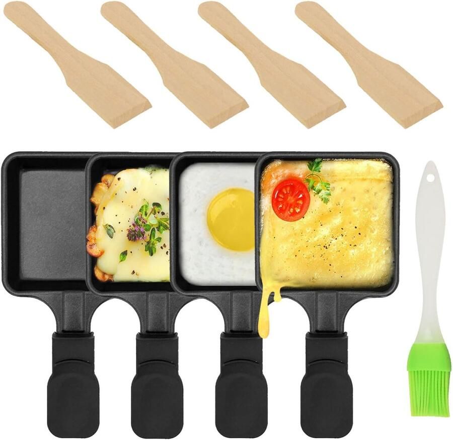 Raclette Set met 4 Antiaanbak Gietijzeren Mini Pannen en Houten Spatels