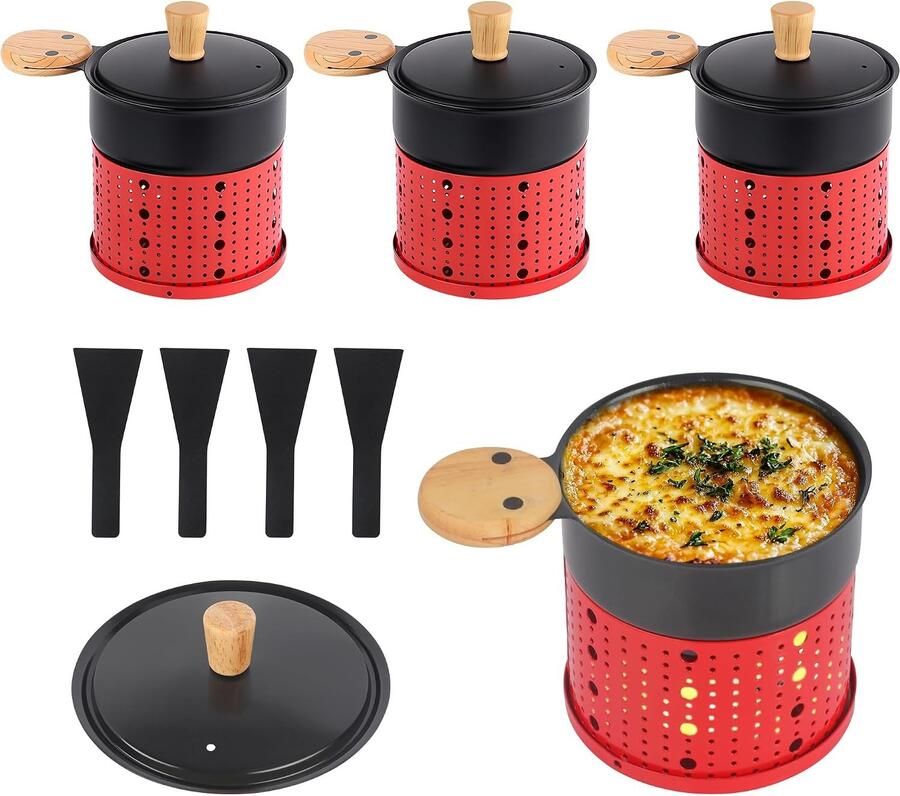 Raclette Set van 4 Zwart Compact Draadloos Antiaanbakapparaat voor Smeltkaas en Chocolade Voor Binnen en Buiten