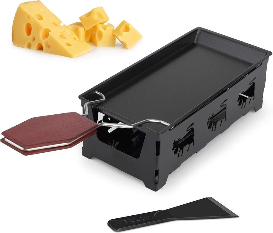 Raclette Set voor 2 Personen Zwart Met Anti-aanbaklaag en Siliconen Spatel Voor Kaas en Chocolade