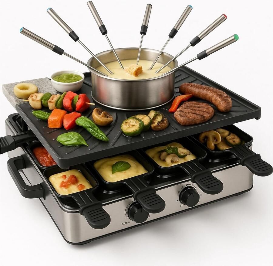 Raclette set voor 8 personen met grillplaat en stenen plaat