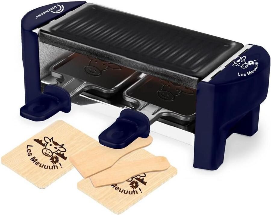 Raclette voor 1-2 personen 320W Afneembare grillplaat PFAS-vrij Antiaanbaklaag Koel touch handvat 2 spatels 2 houten planken