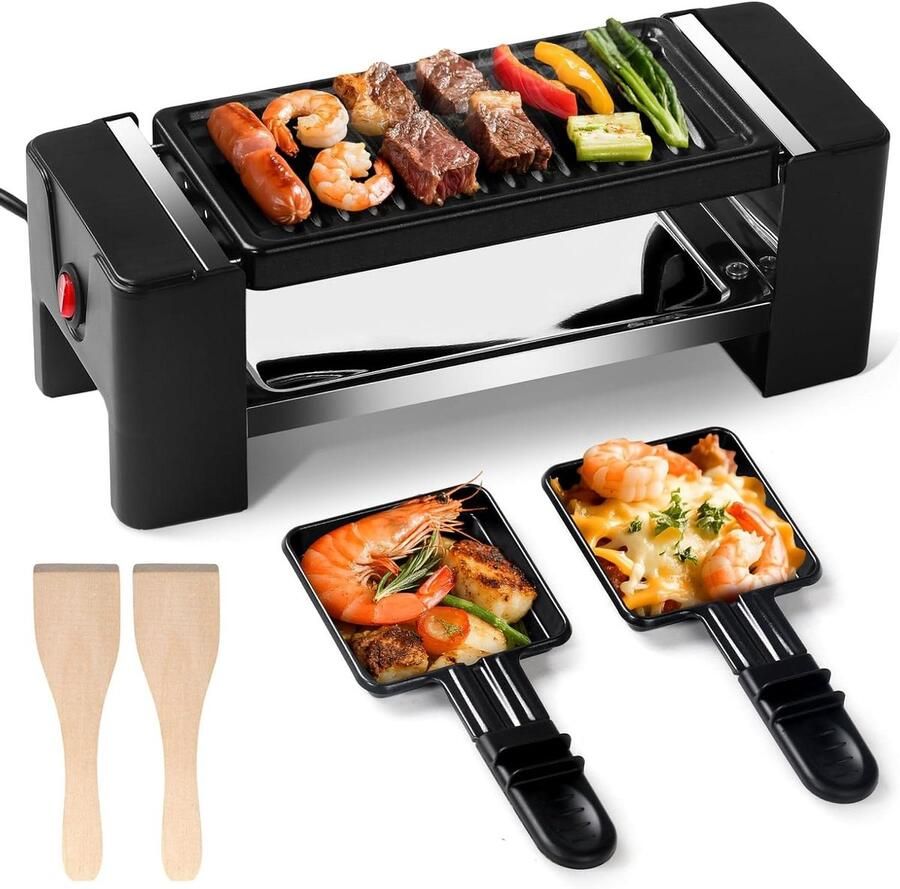 Raclette voor 2 Elektrische grill Gezellig eten Anti-aanbaklaag 350 Watt Zwart