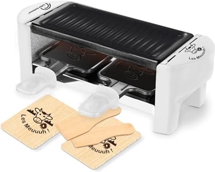 Raclette voor 2 Personen met Afneembare Grill en Antiaanbaklaag Inclusief 2 Spatels en 2 Planken voor Gezellig Koken