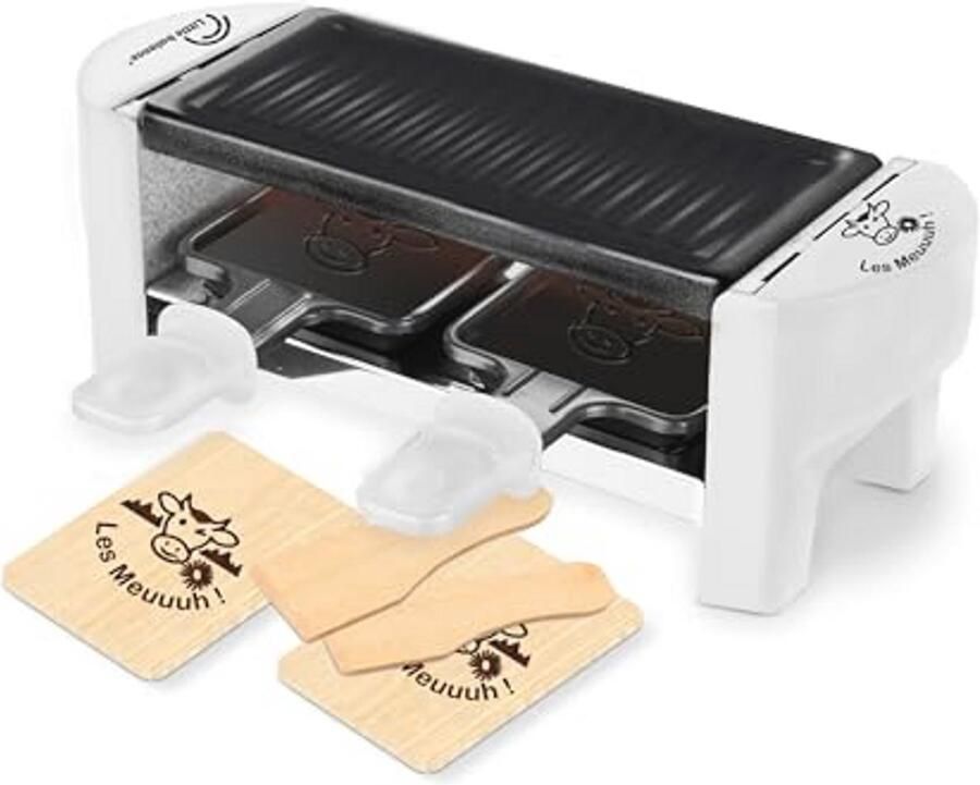 Raclette voor 2 Personen met Afneembare Grill en Antiaanbaklaag Inclusief 2 Spatels en 2 Planken voor Gezellig Koken