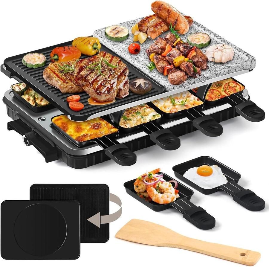 Raclette voor 8 Elektrisch grillen Gezellig tafelen Twee grilloppervlakken 25 x 37 x 12 cm Zwart