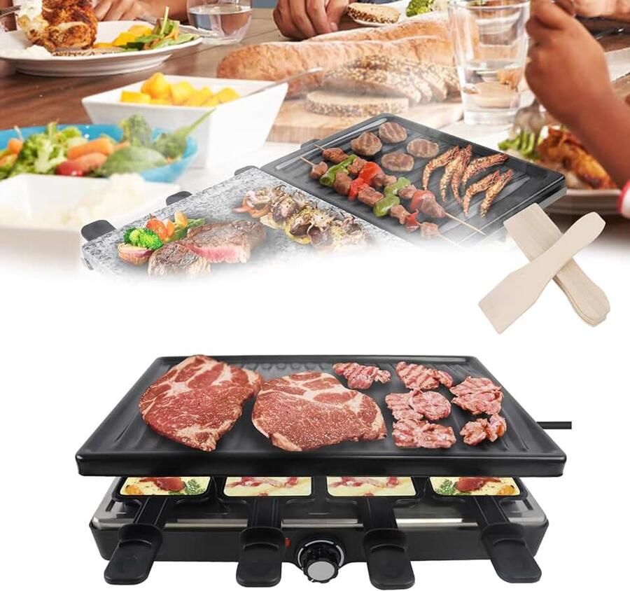Raclettegrill elektrische tafelgrill roestvrij staal met pannetjes anti-aanbaklaag en natuurgrillsteen voor 8 personen max. 1400 W zwart
