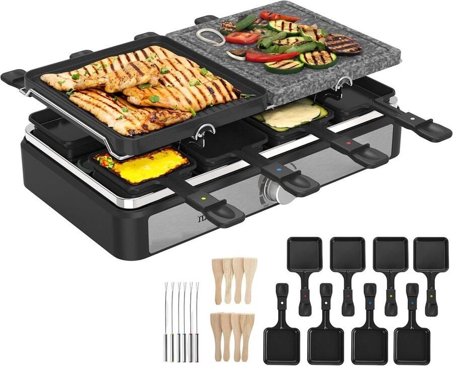 Raclettegrill voor 8 Tafelgrill Partygrill Gezellig Eten Dubbele Grillplaat 52 cm Zwart Natuursteen - Foto 1