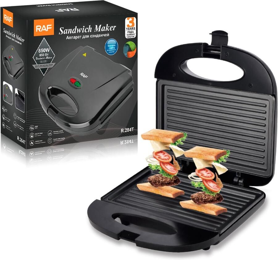 RAF Sandwich Maker – 850W – Anti-aanbak Tosti-ijzer – Compact Design – Automatische Temperatuurregeling – Zwart