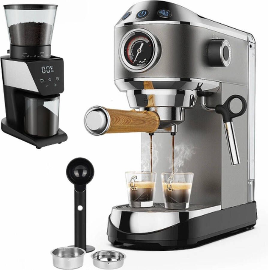 Rakmishop Espressomachine Incl melkopschuimer & Elektrische Koffiebonenmaler Espresso koffiemachine Cappuccino Latte en Mokka 20Bar 220V 1350W Semi automatisch RVS