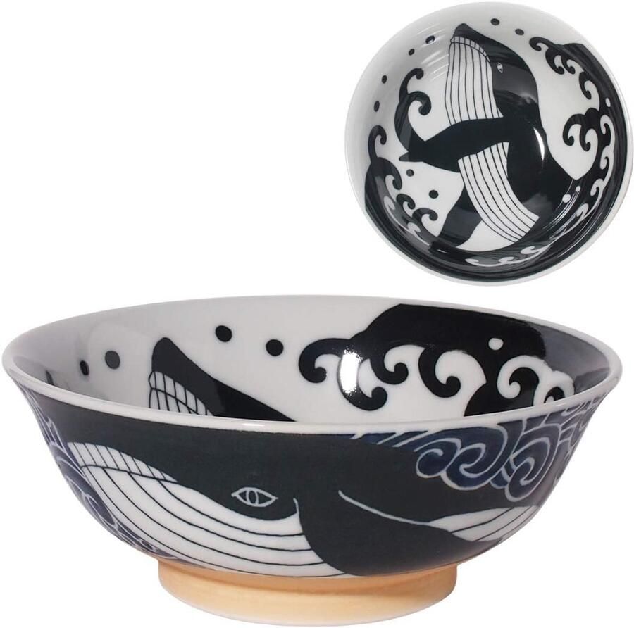 Ramen Bowl Mino-Yaki Keramisch groot formaat 20.7cm 1.1L gemaakt in Japan walvis zwart en wit 797678