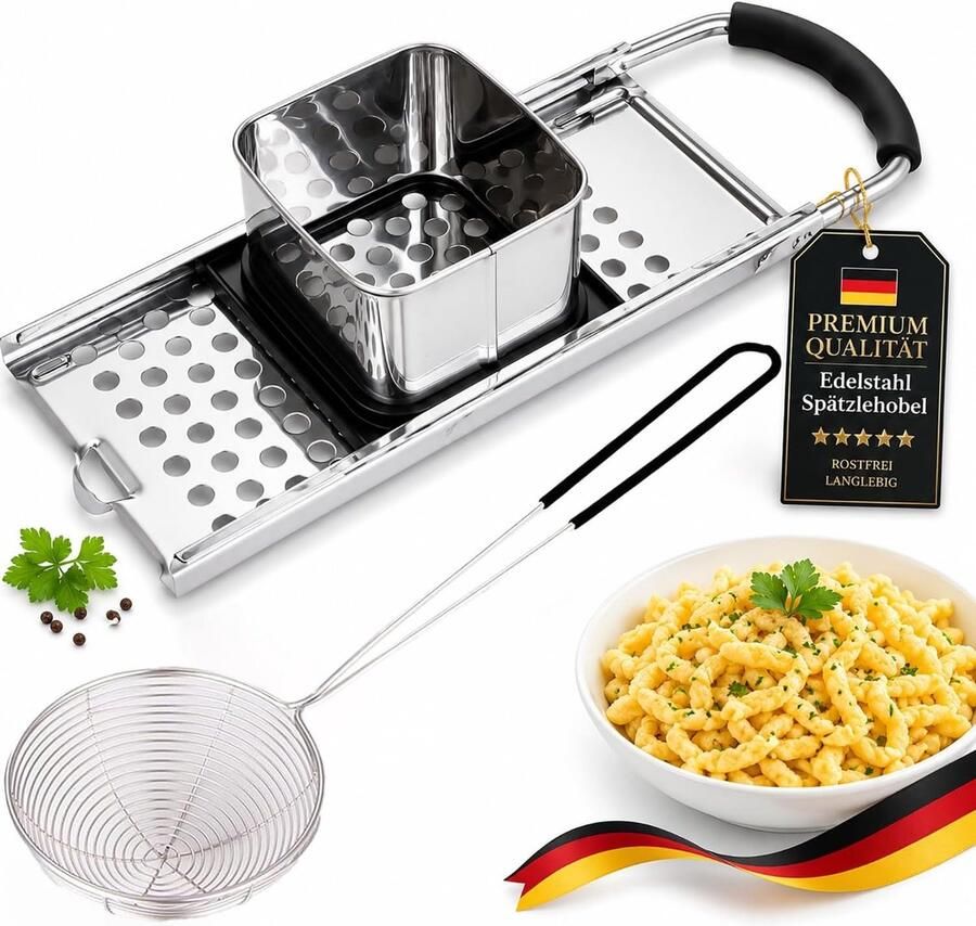Râpe à Spaetzle in RVS Machine voor het Maken van Spaetzle Inclusief Glijbaan voor Deeg Ideaal voor Spaghetti en Pâtes Eenvoudig in Gebruik en Onderhoud