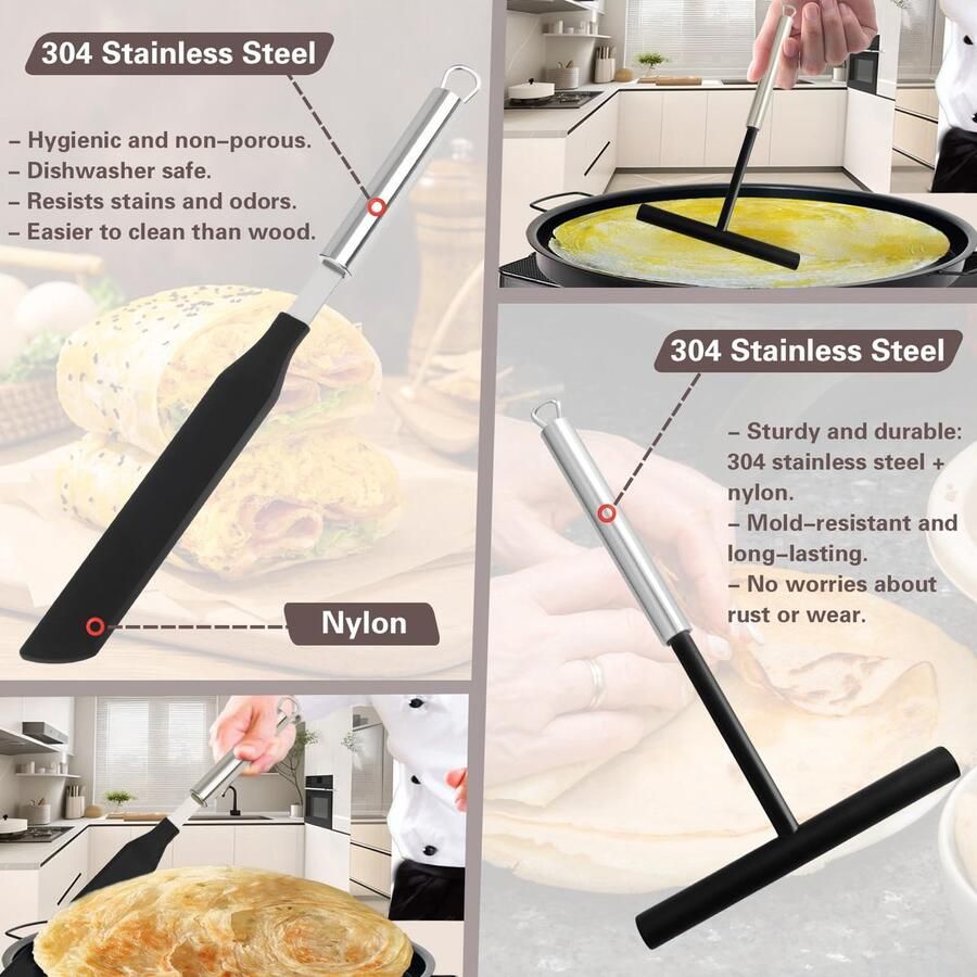 Rateau 19 5 cm set pannenkoeken en spatel deegdispenser van roestvrij staal 304 in T-vorm voor thuiskeuken bakgereedschap met olieborstel zelfklevende haak