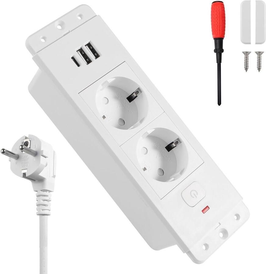Recessed Tafelstopcontact met Schakelaar 2 USB C PD 20W Ingebouwd Stopcontact voor Meubels en Werkoppervlakken 1.7 m Kabel Wit Voor Thuis en Kantoorgebruik