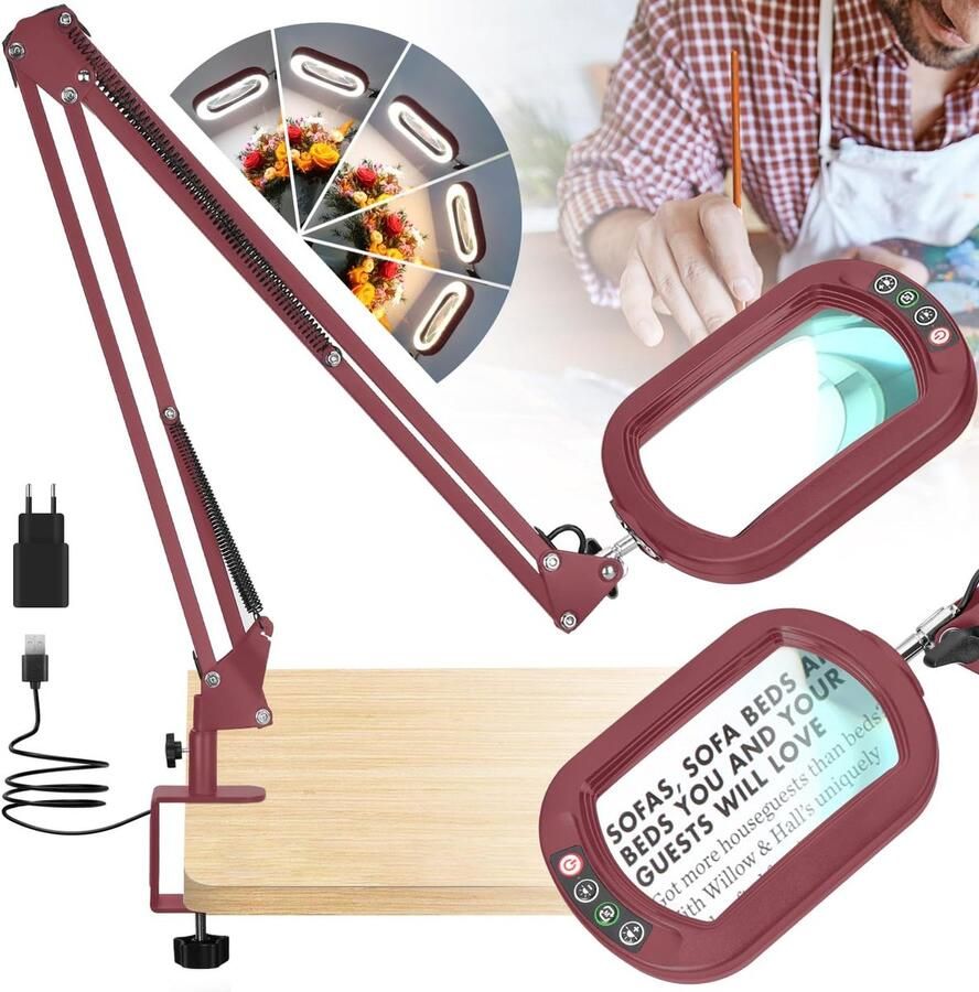 Rechthoekig vergrootglas van echt glas met licht en klem 5 kleurmodi traploos dimmen 5 x 40 6 cm grote zwenkarm led-vergrootlamp handsfree tafelvergrootglas met verlichting voor lezen