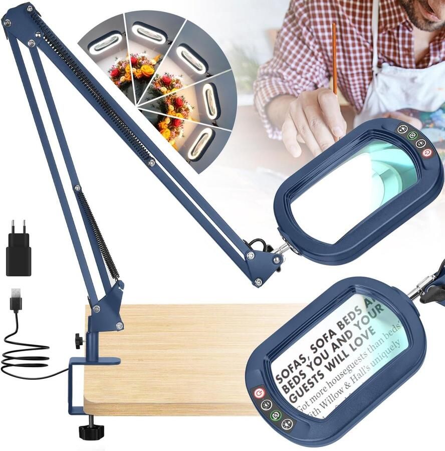 Rechthoekig vergrootglas van echt glas met licht en klem leesloep 5 kleurmodi traploos dimmen 5 x 40 6 cm grote zwenkarm led-vergrootlamp handsfree tafelvergrootglas met verlichting
