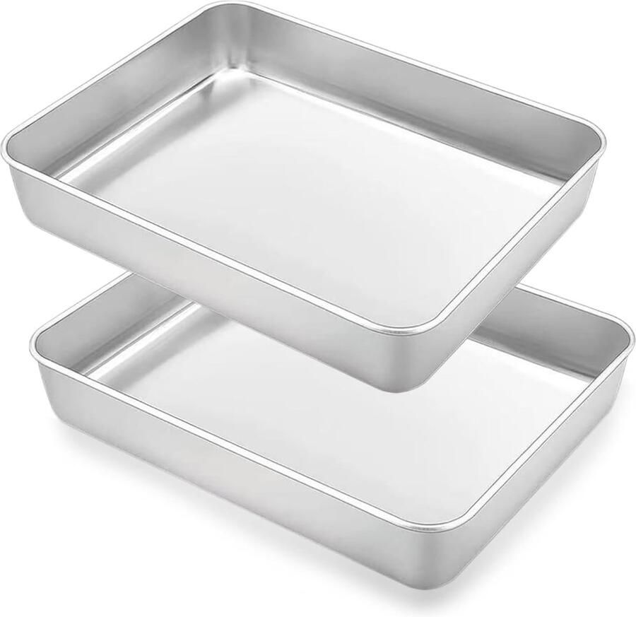 Rechthoekige Bakplaat Set van 2 30 x 25 x 5.5 cm RVS Ovenplaat voor Bakken Roosteren en Serveren Vaatwasserbestendig Diepe Bakvorm