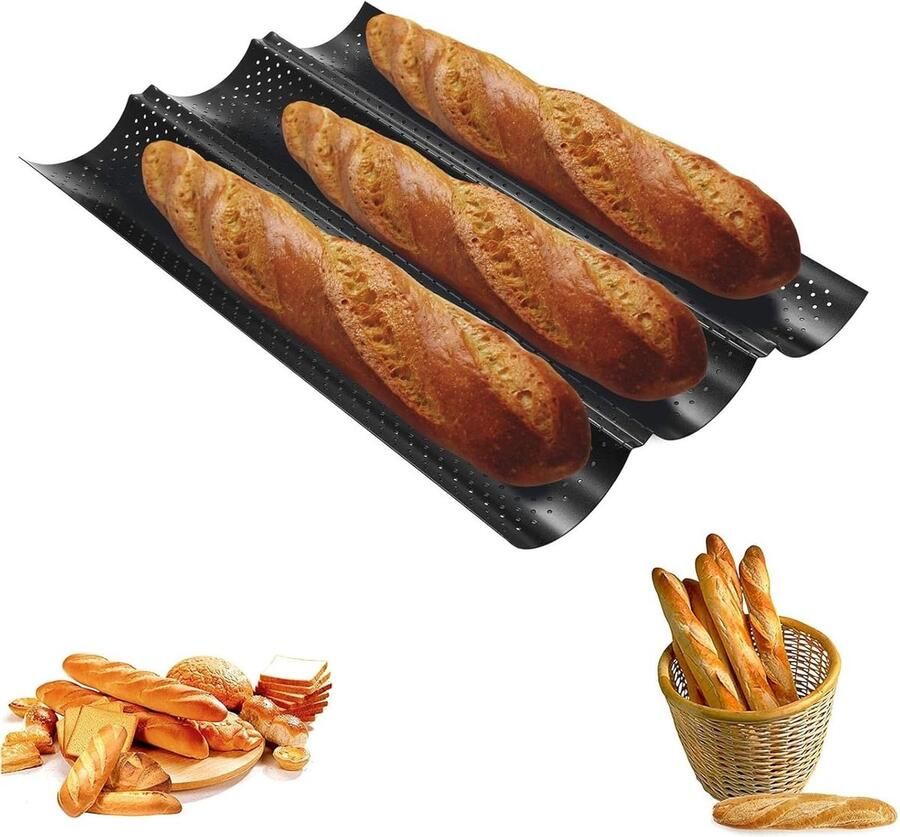 Rechthoekige bakplaat voor baguettes 38 x 24.5 x 2.5 cm met antiaanbaklaag ideaal voor het bakken van 3 verse baguettes thuis