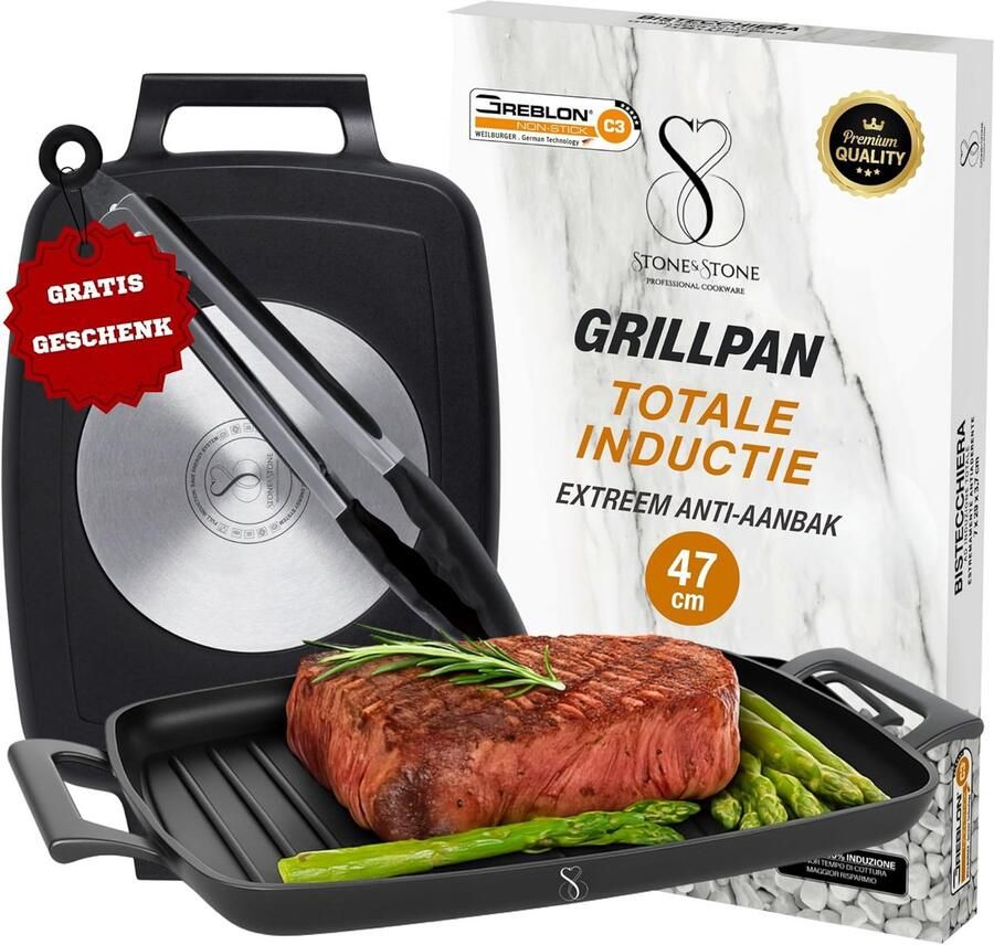 Rechthoekige Grillpan 47 cm met Super Anti-aanbaklaag voor Alle Fornuizen Inclusief Inductie