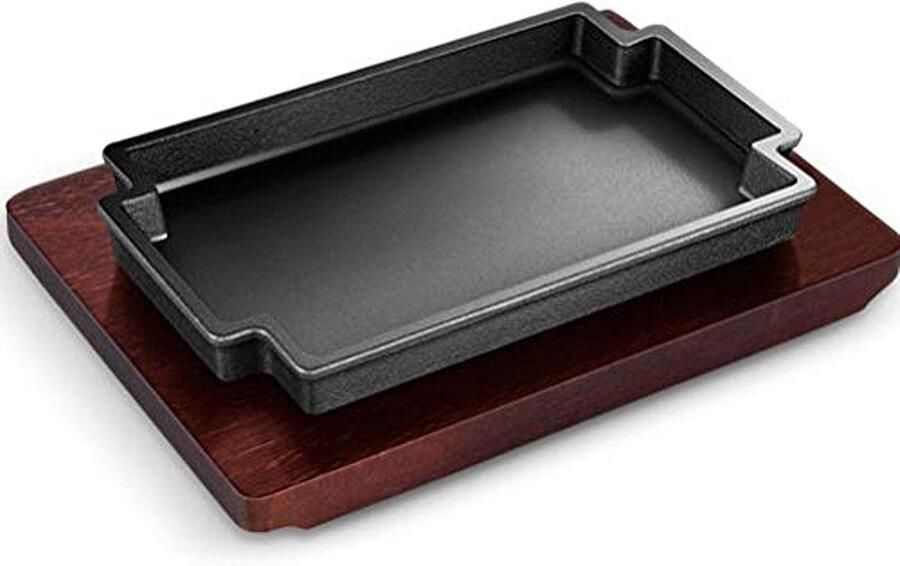Rechthoekige Grillpan Gietijzeren Koekenpan Steak Grillen Met Houten Serveerplank 24x15 cm Zwart