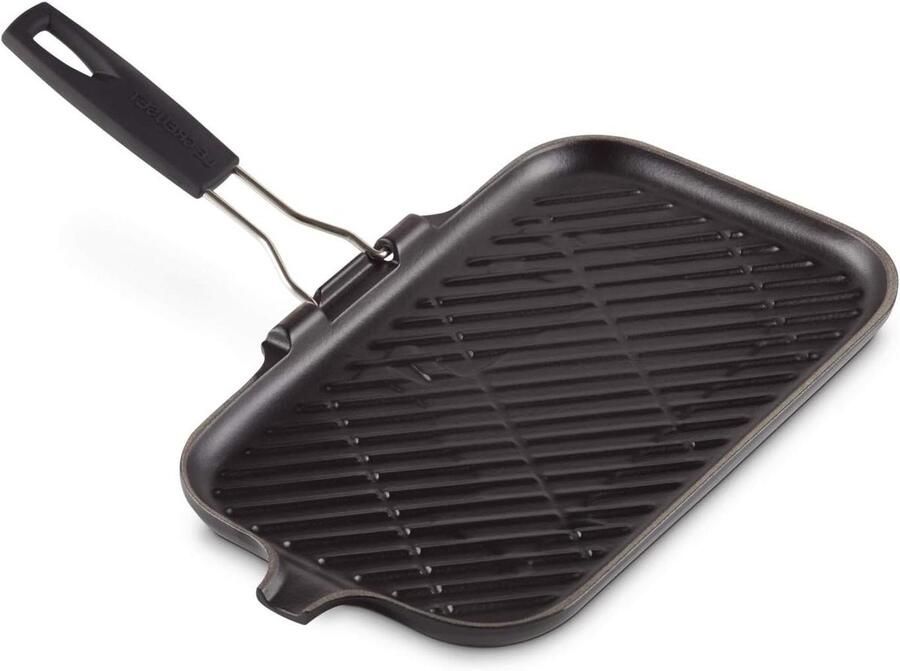 Rechthoekige Grillpan Gietijzeren Pan Vetarm Koken Inklapbare Handgreep 24 cm Satijnzwart
