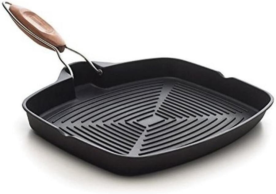 Rechthoekige grillpan Grillplaat koekenpan Lekker grillen thuis Afneembare houten greep 35 x 25 cm Zwart