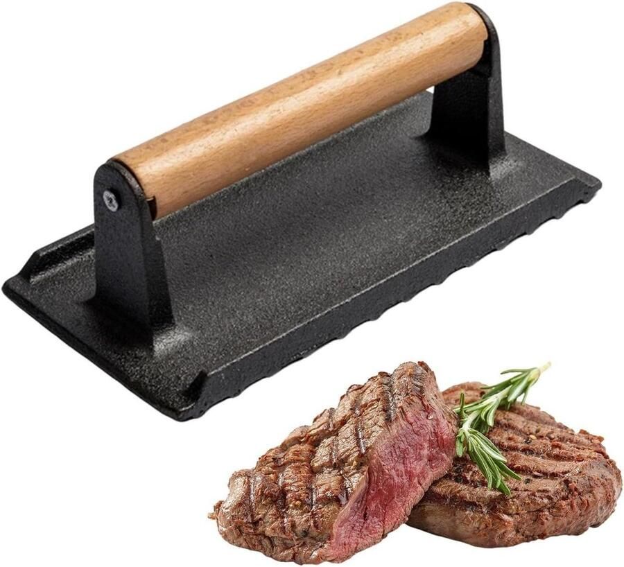 Rechthoekige grillpers Vleespers steakgewicht Gelijkmatig vlees bakken Ergonomisch houten handvat 978 g Zwart
