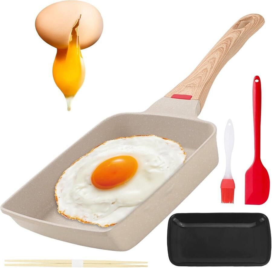 Omeletpan Rechthoekig Japanse Koekenpan Ontbijt Bereiden Antiaanbaklaag Houten Handvat 30 x 20 cm Zwart
