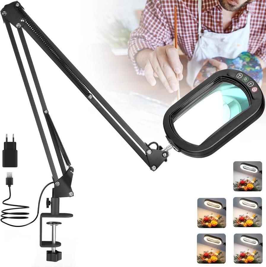 Rechthoekige loep van echt glas 10 stuks met licht en klem 5 kleurmodi traploos dimmen 2 x 40 cm grote draaibare arm led-loeplamp handsfree tafelloep met verlichting voor lezen en