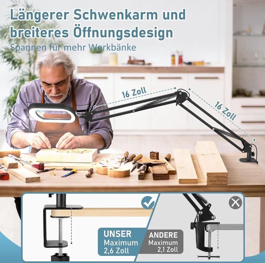 Rechthoekige loep van echt glas 10 stuks met licht en klem 5 kleurmodi traploos dimmen 2 x 40 cm grote draaibare arm led-loeplamp handsfree tafelloep met verlichting voor lezen en