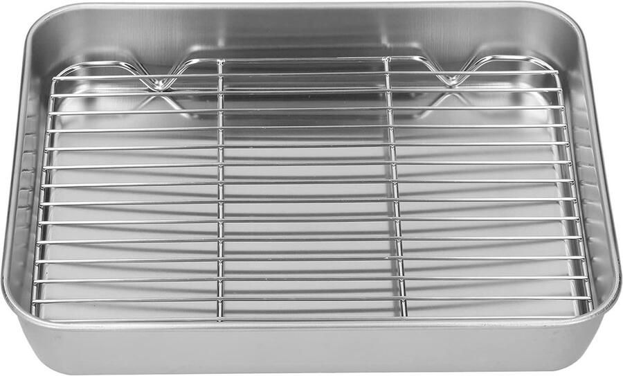 Rechthoekige Ovenplaat van RVS met Rooster Geschikt voor Koken Grillen en Bakken van Vlees en Groenten (26 5 x 20 5 x 5 cm)