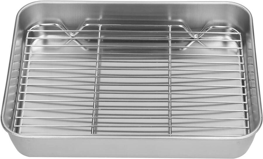 Rechthoekige Ovenplaat van RVS met Rooster Geschikt voor Koken Grillen en Bakken van Vlees en Groenten (26 5 x 20 5 x 5 cm) - Foto 2