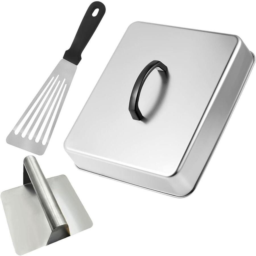 Rechthoekige stoomkap Kaassmeltkoepel bakplaat Gelijkmatige warmteverdeling Roestvrij staal 30 x 23 x 8.4 cm Zilver