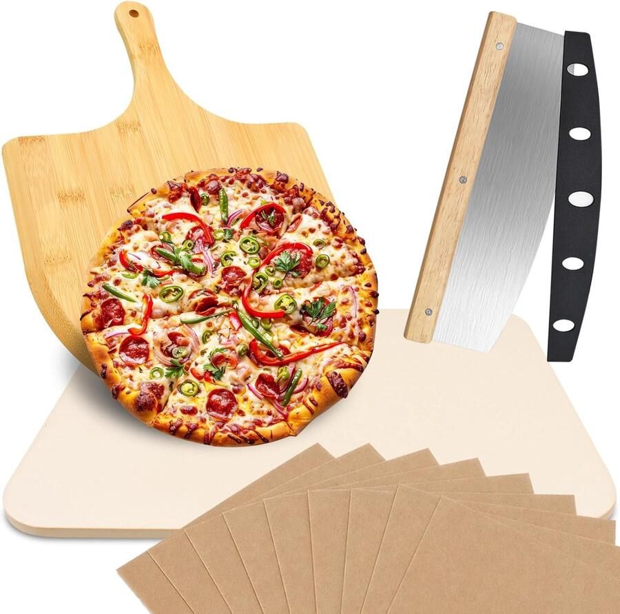 Rectangulaire Pizzasteen Set 15 x 30 cm voor Oven en Barbecue met Bamboo Pizzaschop Pizzames en Bakpapier – Ideaal voor Perfecte Pizza's Thuis