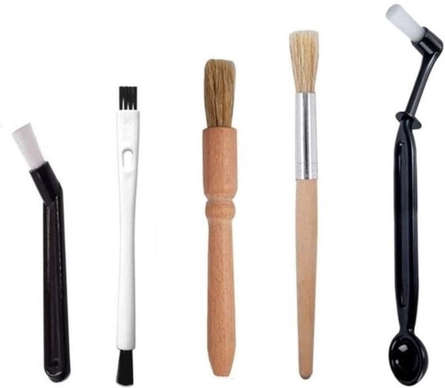 Reinigingsborstel Set 5-delig Nylon Haren Hout Kunststof Handvat Geschikt voor Koffiemachines Zachte Borstelharen 15 cm Lang Koffiemachine Schoonmaakset