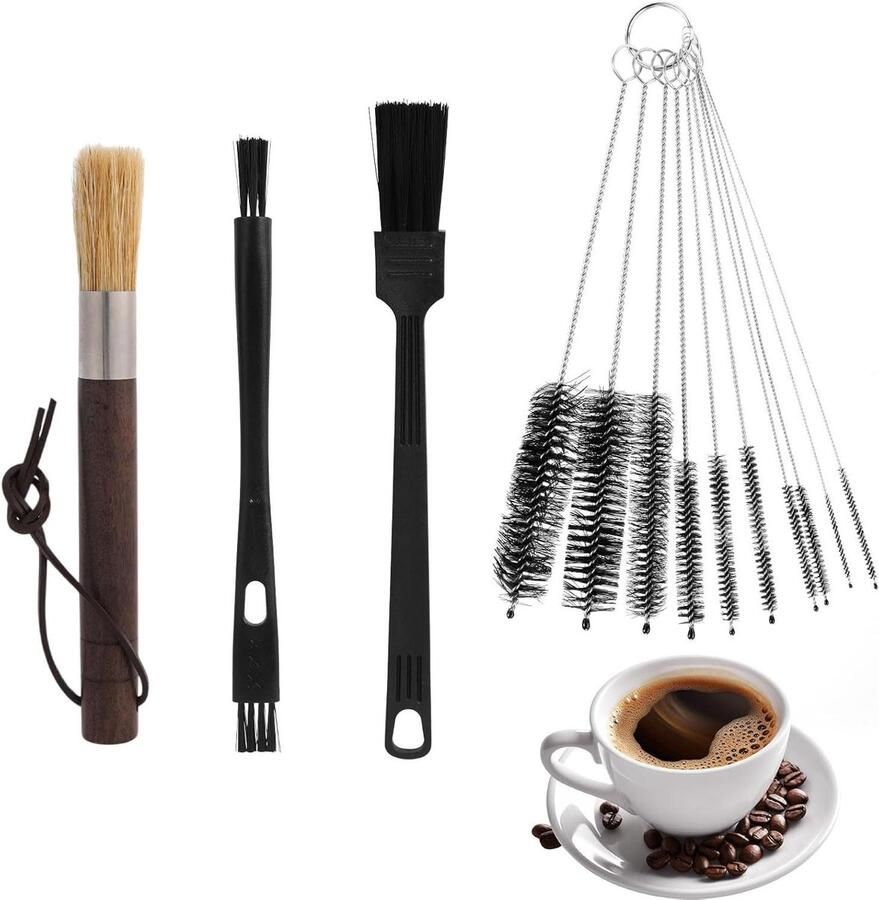 Reinigingsborstels Koffiemolen Espressomachine Borstels Apparatuur Schoonmaken Lange Steel Ontwerp 13 Stuks Zwart Zilver