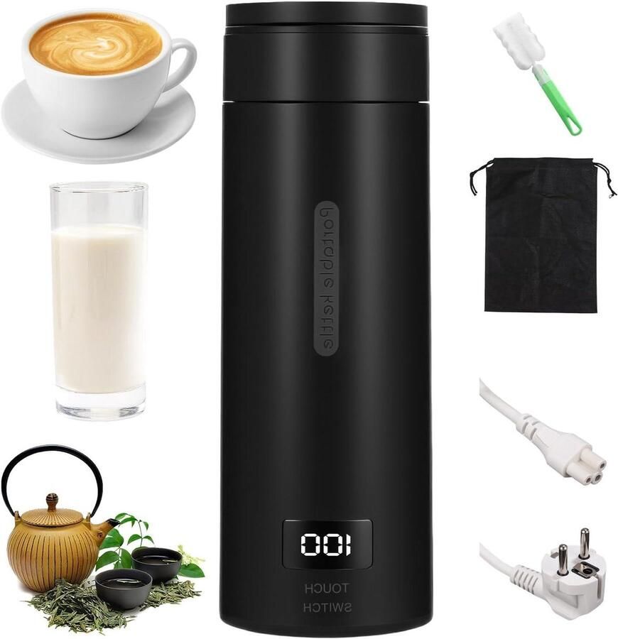 Reis Waterkoker Mini Kettle Warme Drankjes Maken Temperatuurregeling 380 ml Zwart