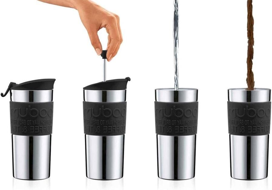 Reismok Koffiezetter Travel Press Mok Koffie Onderweg Dubbelwandig Geïsoleerd 035 liter Zwart