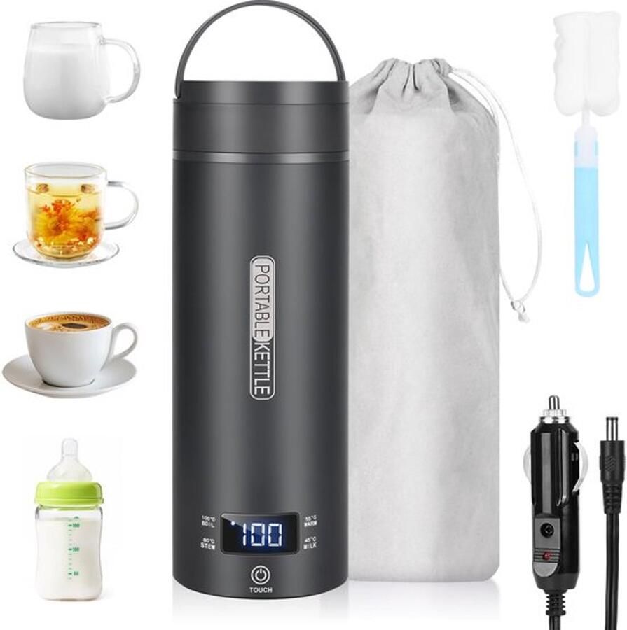 Reiswaterkoker 450 ml mini-waterkoker 96 W klein van roestvrij staal auto-waterkoker verwarming voor onderweg automatische uitschakeling voor thee koffie babymelk auto (zwart)