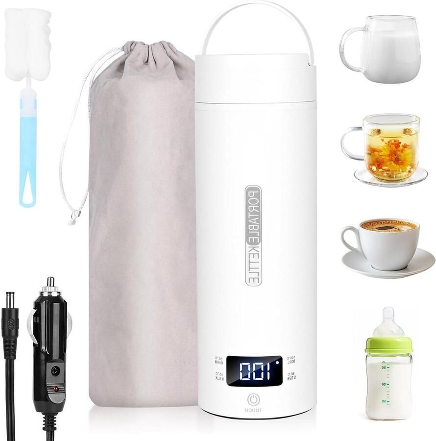 Reiswaterkoker Auto Draagbare Ketel Warme Dranken Onderweg Vier Temperatuurinstellingen 500 ml Capaciteit Wit