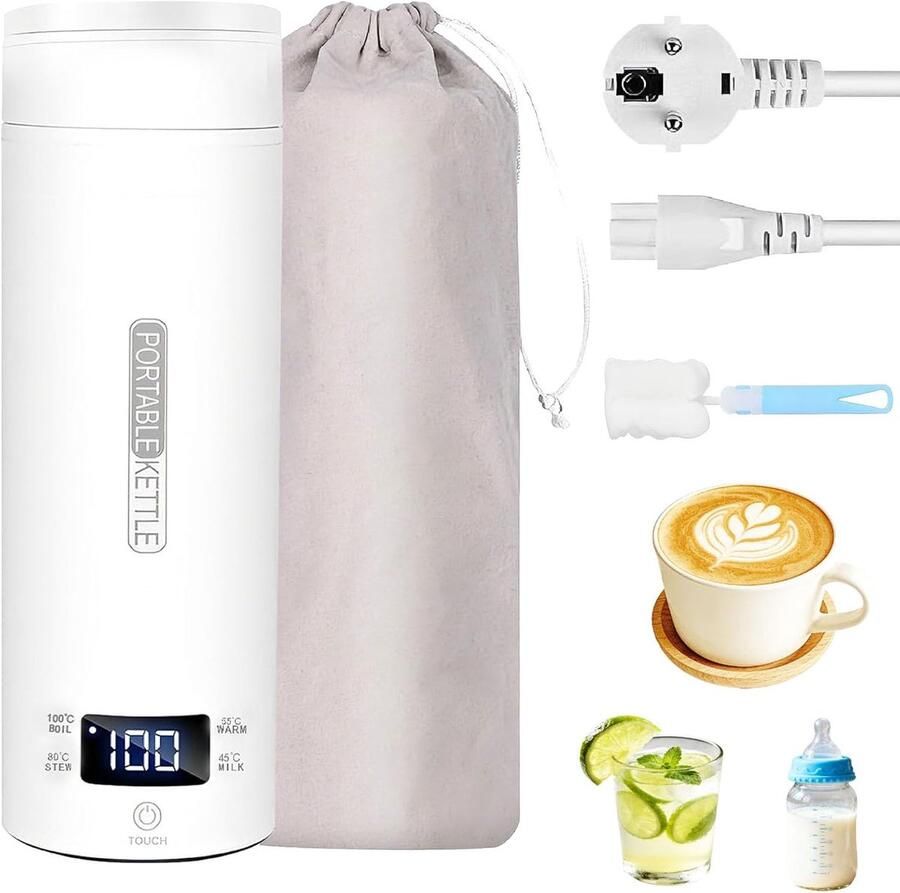 Reiswaterkoker Compacte Waterkoker Onderweg Water Koken Snel Kookfunctie 20x8x8 CM Wit