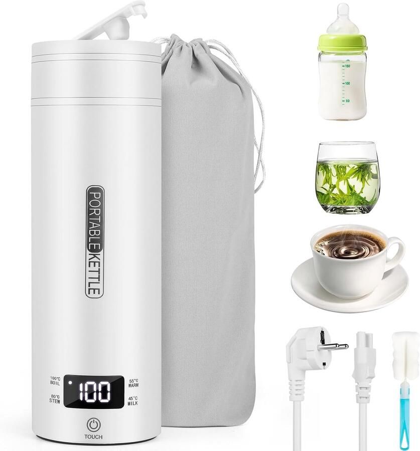 Draagbare Waterkoker met Temperatuurregeling Elektrische Mini-heetwaterdispenser met Borstel en Opbergzak Reis Waterkoker 500 ml